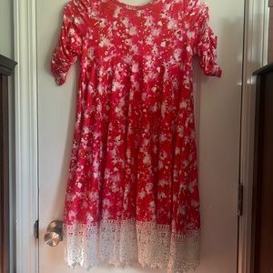 valentine’s day dress, red with pink, red white hearts, & gold flakes as pattern